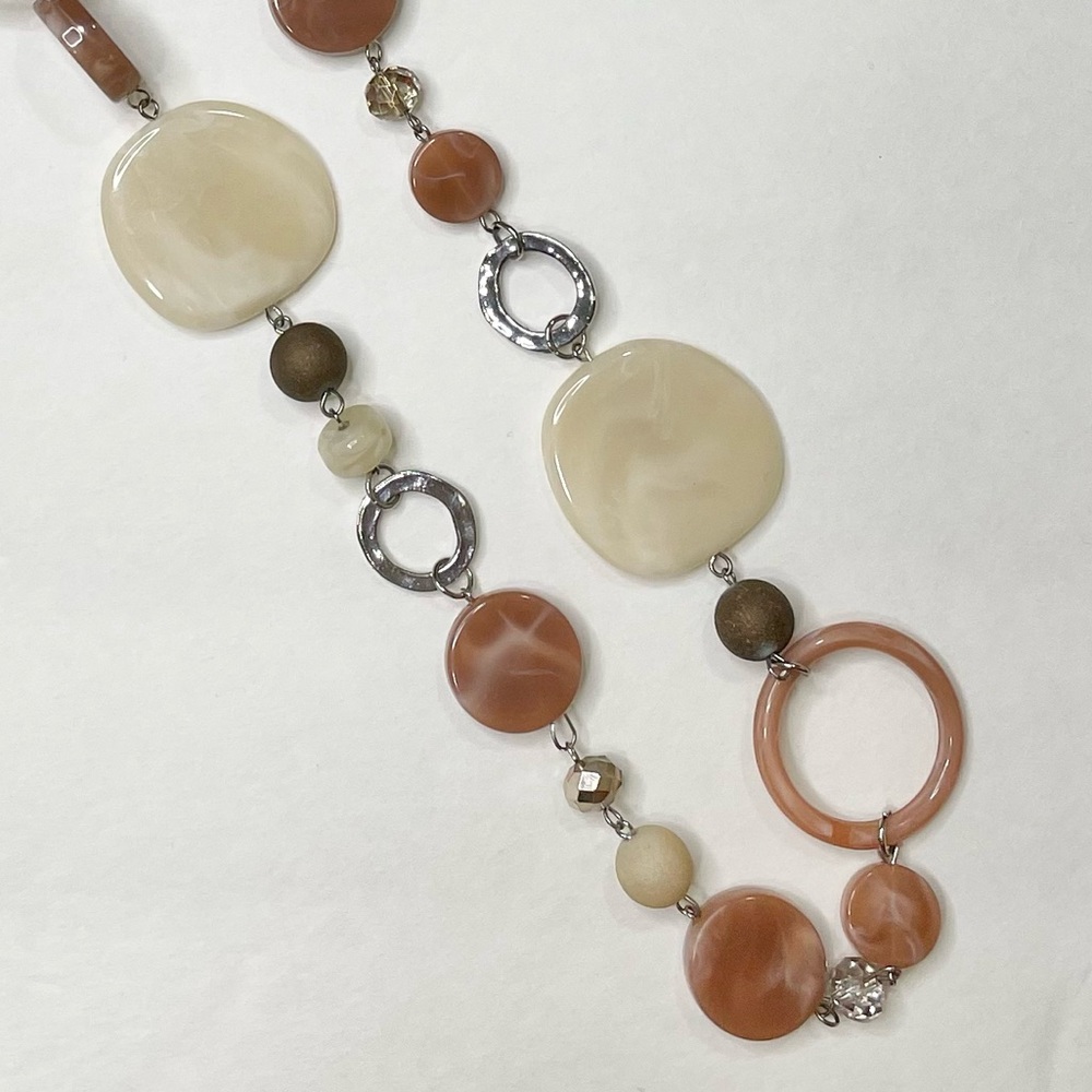 Long Beaded Silver Statement Necklace & Circle Dangle Earring Set Neutrals - Picture 2 of 5